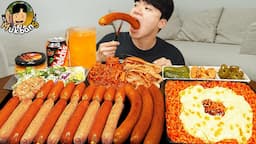 ASMR MUKBANG 직접 만든 대왕 소세지 불닭볶음면 핫도그 쉬림프링 먹방 & 레시피 FIRE NOODLES AND SAUSAGE EATING SOUND!