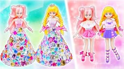 プリキュアのドレスを手作り❤️わんだふるぷりきゅあ！のキュアワンダフル、キュアフレンディが変身✨リカちゃん人形に粘土衣装とキラキラなリメイクDIY⭐️100円ショップの材料でわんぷり工作🌼声真似