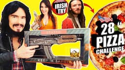 Irish People Try AMERICA's BIGGEST PIZZA CHALLENGE In Florida!! + 'GUN SHAPED' American Alcohol!!