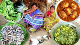 farm fresh vegetable recipe with small fish and egg masala curry cooking by indian tribal women