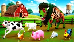 Zombie Bison Attacks Farm Animals - Zombie Farm Diorama | Cow Pig Rabbit Sheep Hen Rooster Animals