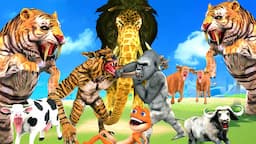 10 Monster Lion vs 10 Cow vs 10 Giant Tiger Wolf Attack Cow Cartoon Buffalo Saved By Giant Gorilla