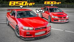 850HP Skyline R34 VS 800HP Evo 8 - AWD JDM Legends! (RB30 VS 4G63)