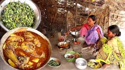 rohu fish curry with vegetables & water spinach fry cooking by our santali tribe women||rural India