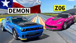 Dodge vs Chevy No-Prep Showdown! 1025hp DEMON drag races Z06 Corvette