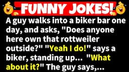 🤣FUNNY JOKES! - A guy walks into a biker bar and asks, "Does anyone here own that rottweiler...