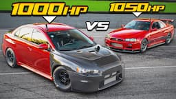 1000HP EVO X VS 1050HP Skyline R34 - JDM RIVALS! (4B11T VS RB30)