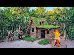 Building complete and warm survival shelter hut, grass roof