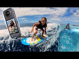 Kids Wake Surfing in the Ocean!! Be Safe with Sharks! Reviewing the new Insta360 X4