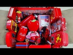 Box full of ultimate fancy red stationery items, collection of pencil box, spinner, sharpener, toy