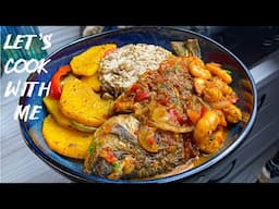 Let’s Cook With Me | Brown Stew Fish and shrimp with coconut rice and lentils and steamed vegetables