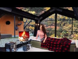 Best on a rainy, snowy day! solo Girl's inflatable tent camping with natural hot sauna