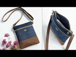 DIY Casual Plain Fabric and Denim Crossbody Bag Out of Old Jeans | Bag Tutorial | Upcycled Craft