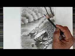 How to draw a landscape of river and stones in forest view.