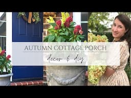 Autumn Cottage Porch - Tiny Fall Porch Decor - Dried Hydrangea Wreath, Hanging Planters