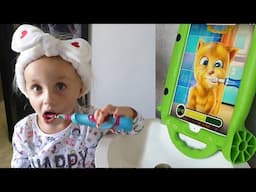 How Do We Play with Talking Tom? Feeding Him, Brushing Teeth, and Surprises!