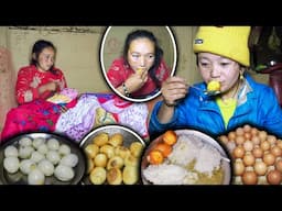 Boiled Fry Egg Recipe & Lentils With Rice Cooking, eating in Village Kitchen | New Village life Vlog