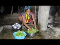 Cooking curry of green vegetables || Primitive technology