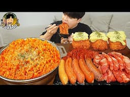 ASMR MUKBANG 직접 만든 대왕 소세지 까르보 불닭볶음면 핫도그 통삼겹 먹방 & 레시피 FIRE NOODLES AND SAUSAGE EATING SOUND!