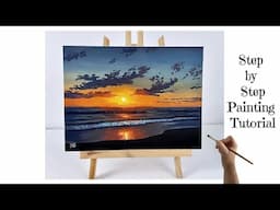 How to paint a Sunset over the ocean for beginners/medium - Acrylic painting tutorial ocean sunset