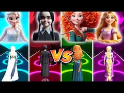 Frozen Elsa Vs Wednesday Addams Vs Brave Merida Vs Tangled Rapunzel - Tiles Hop EDM Rush!