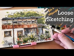 Loose ink and watercolor sketching| a little bookshop