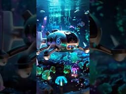 An underwater alien world with an AI-driven submarine drone gliding through bioluminescent waters