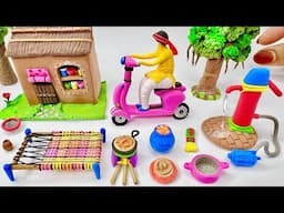 DIY How to Make Polymer Clay Miniature House, Kitchen set, Scooter, Doll Milkman,Hand pump Dollhouse