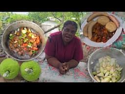 Innovative Way To Cook Breadfruit Brown Stew Style With Dumpling Banana & Coco Epic Out Door Cooking