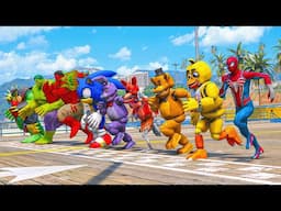 TEAM HULK VS SONIC, FNAF, RED HULK IN SPIDER MAN SUPERHEROES Running Event on WATER #1080