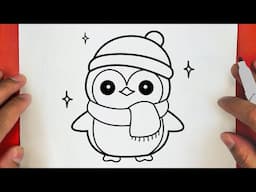 HOW TO DRAW A CUTE CHRISTMAS PENGUIN , STEP BY STEP, DRAW Cute things