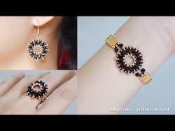 Black crystal jewelry set. How to make beaded jewelry. Bracelet, earrings and ring