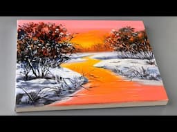 Sunset Landscape Painting | Winter Scene | Acrylic Painting for Beginners