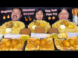 EATING SPICY🔥 INDIAN STREET CHALLENGE CHICKEN BIRYANI vs FISH FRY, EGG ROLL, MUGHLAI PARATHA MUKBANG