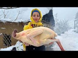 Mix of Cooking giant Turkey in Snowy Day in Village | Stuffed Turkey Recipe