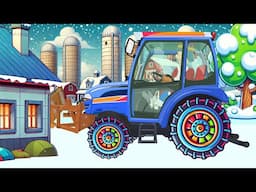 Snowy Farm and Little Blue Tractor in Action - Winter Adventures on the Countryside Yard