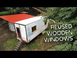 #133 Installing reused wooden windows on our fridgebox house