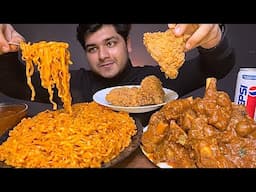 EATING SPICY MUTTON CURRY WITH BASMATI RICE WITH CRISPY FRIED CHICKEN AND NOODLES | EATING SHOW