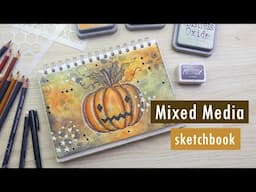 Halloween Pumpkin - Mixed Media Sketchbook Page - Pink Pig