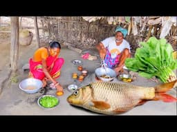 Santali tribe old couple cooking AMERICAN ROHU FISH and PALONG DAL recipe for their lunch