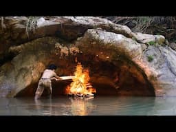 Build a Warm and Cozy Cave with Kitchen for Survival in 30 days, Water Wheel, fish trap, stone tools