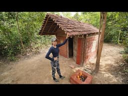 Building Survival Brick Bushcraft shelter with Wooden roof In The Wilderness