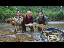 fish pond with mother, harvesting fish for sale, peaceful life, farm life, SURVIVAL ALONE