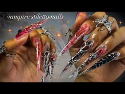 Vampire Stiletto Nails🧛🏼‍♀️🩸⛓️| long stiletto acrylic application + gothic nail art!🥀