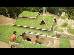 Building underground hut with grass roof & fireplace with clay