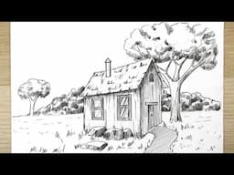 How to Draw Easy Landscape | pencil drawing | Arts Academy HD |رسم منزل في الطبيعة