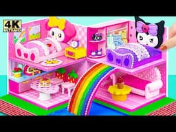 Building Pink Miniature House has Cute Kitchen, Rainbow Slide Pool for Kuromi use Cardboard, Clay