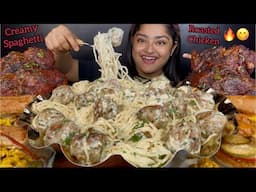 CREAMY WHITE CHICKEN MEATBALL SPAGHETTI WITH SPICY WHOLE ROASTED CHICKEN AND CHICKEN SANDWICHES,ASMR