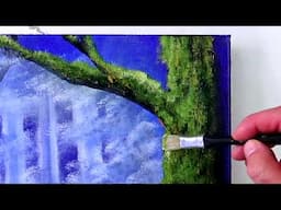 Big Mossy Trees on Ultramarine Background | Acrylics | Step by step painting techniques