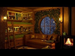 Cozy Tree House | Blizzard & Fireplace Sounds For Sleep | 4K